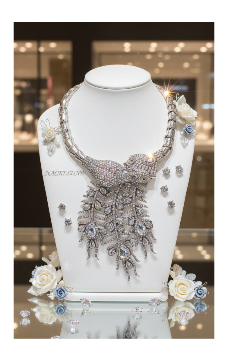 Collier strass couleur aurore boréale représentant un paon monté sur métal argenté