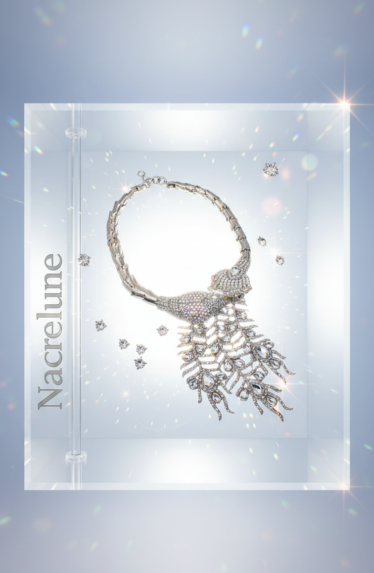 Collier strass couleur aurore boréale représentant un paon monté sur métal argenté
