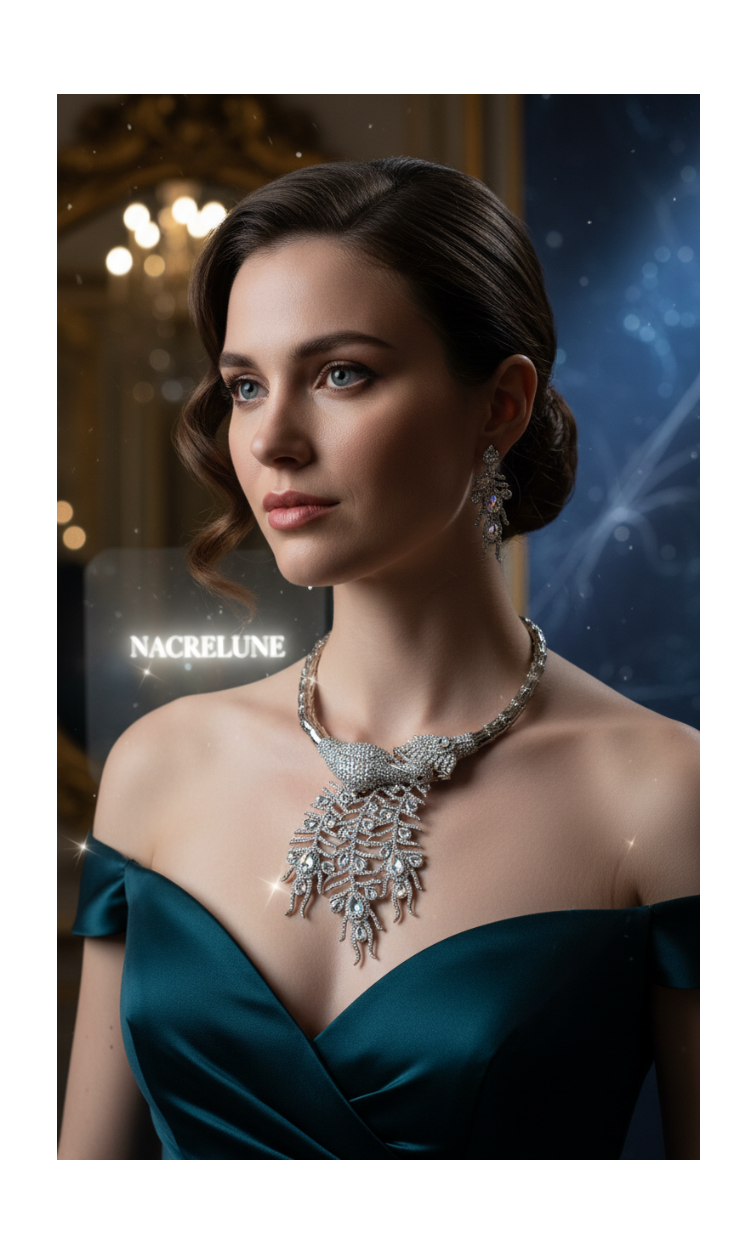 Collier strass couleur aurore boréale représentant un paon monté sur métal argenté