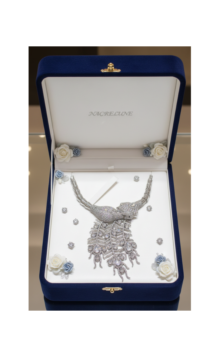 Collar de diamantes de imitación en colores de la aurora boreal que representa un pavo real montado sobre metal plateado.