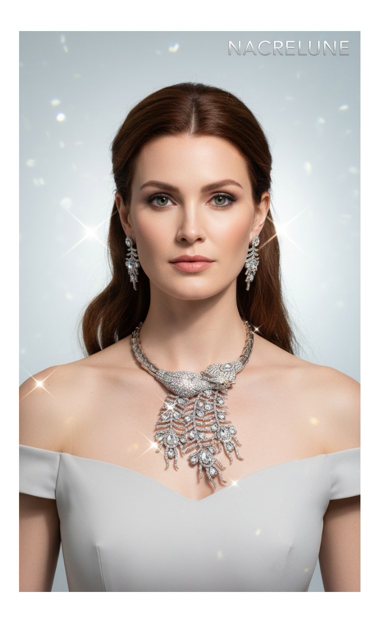 Collier strass couleur aurore boréale représentant un paon monté sur métal argenté