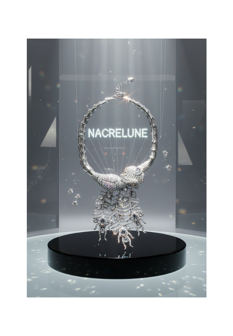 Collar de diamantes de imitación en colores de la aurora boreal que representa un pavo real montado sobre metal plateado.