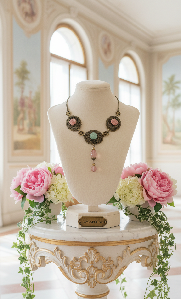 Collier Métal Fleurs en Aventurine Sculptées & Quartz Rouges | NACRELUNE nacrelune.com collier
