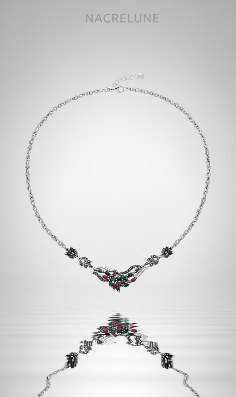925 sterling silver and marcasite necklace with gemstones