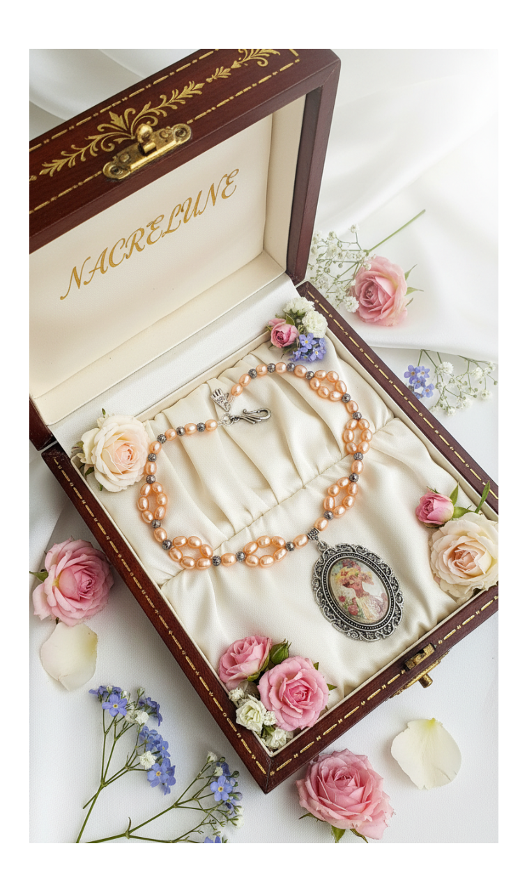 Collier Perles de Culture Oranges & Camée Victorien | NACRELUNE nacrelune.com collier