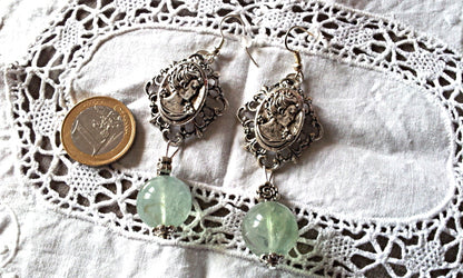 Natural fluorite earrings with cameo E76