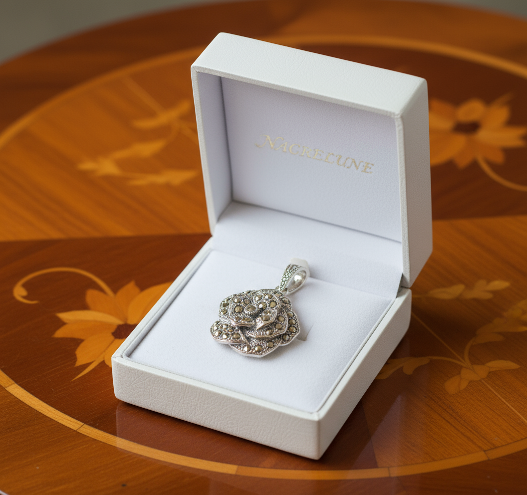 Pendentif Argent 925 & Marcassites | Rose Sculptée Art Déco – Nacrelune nacrelune.com pendentif