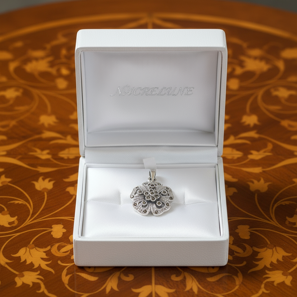 Pendentif en argent 925 et marcassites en forme de fleur nacrelune.com pendentif