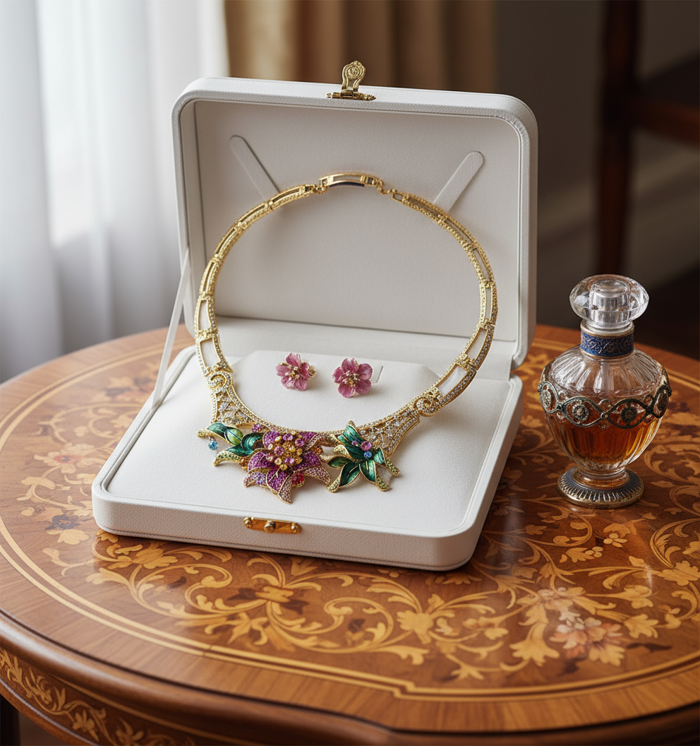 Parure avec grande fleur rose strass et émail nacrelune.com parure