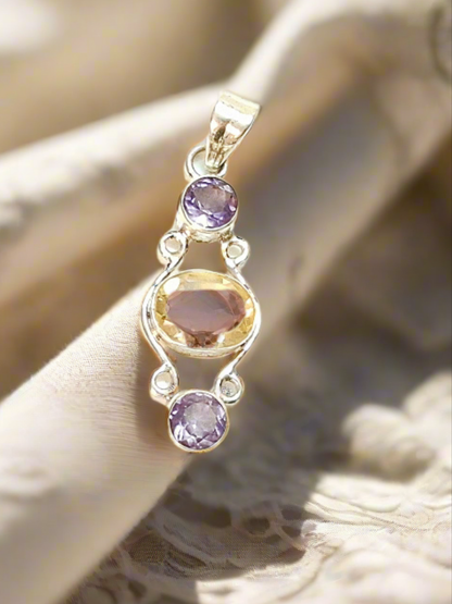 Pendentif en argent 925 avec citrine et améthystes taillées