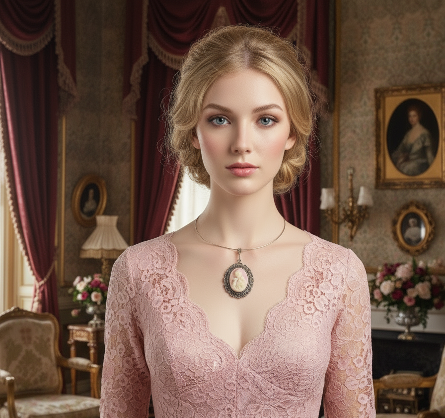 Grand pendentif camée rose représentant une petite fille et son lapin nacrelune.com pendentif