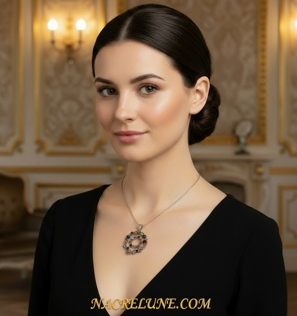 Parure sautoir avec cercles argentés et strass multicolores NACRELUNE parure