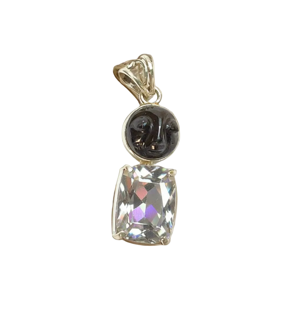Pendentif en argent véritable avec topaze taillée traitée mystique et pierre de soleil sculptée nacrelune.com pendentif