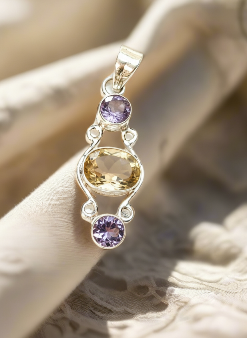 Pendentif argent 925 citrine et améthystes taillées - Élégance et brillance nacrelune.com collier