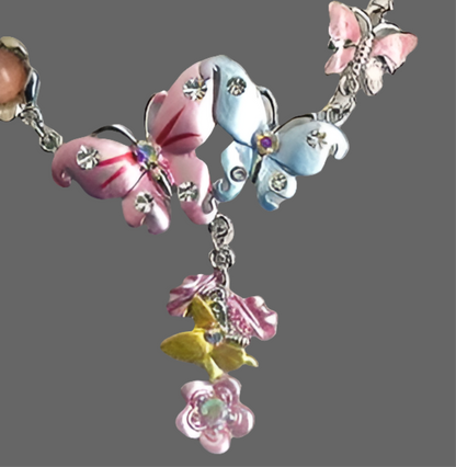 collier papillons émail rose et bleu C37