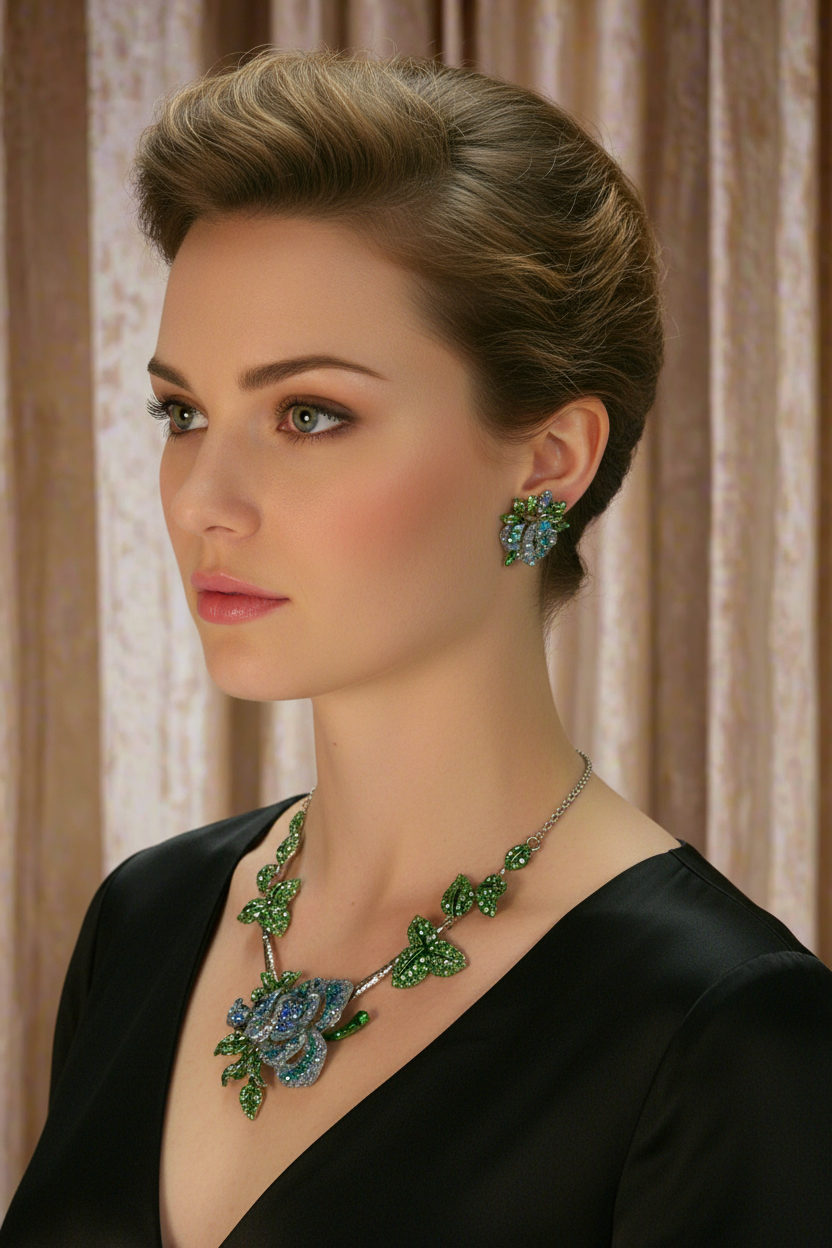 Parure en strass représentant des roses bleues NACRELUNE parure