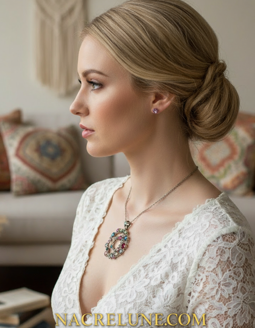 Parure sautoir avec cercles argentés et strass multicolores nacrelune.com parure