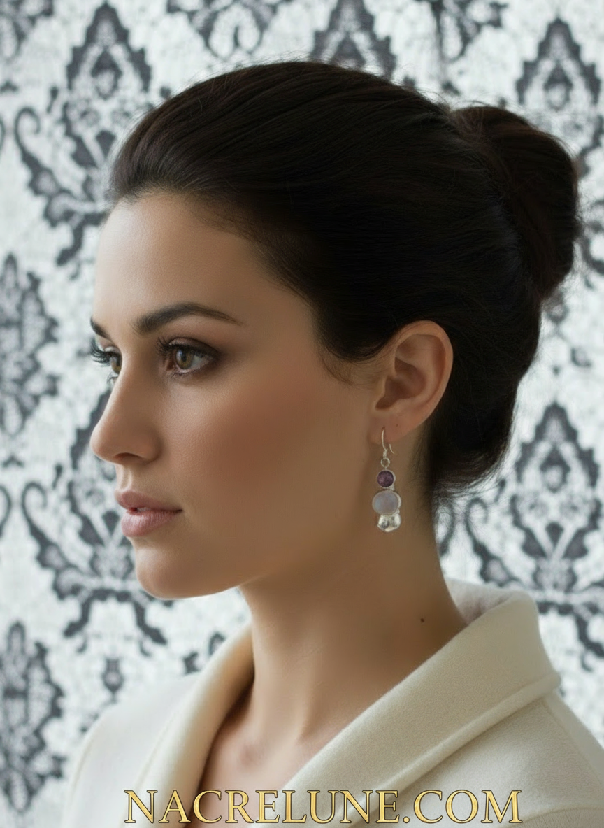 boucles en argent et pierres de lune avec améthystes NACRELUNE boucles d'oreille