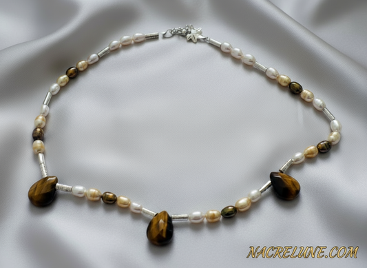 Parure en perles d' oeil du tigre et perles de culture marron NACRELUNE parure