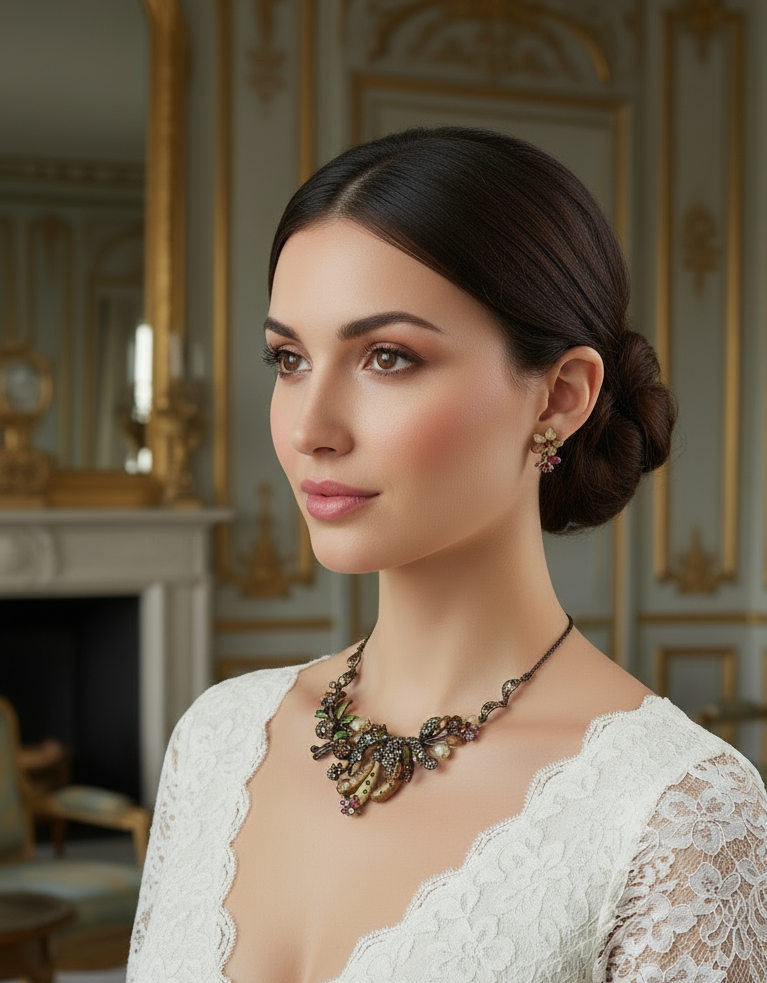 Parure fleurs et fruits en émail nacrelune.com parure