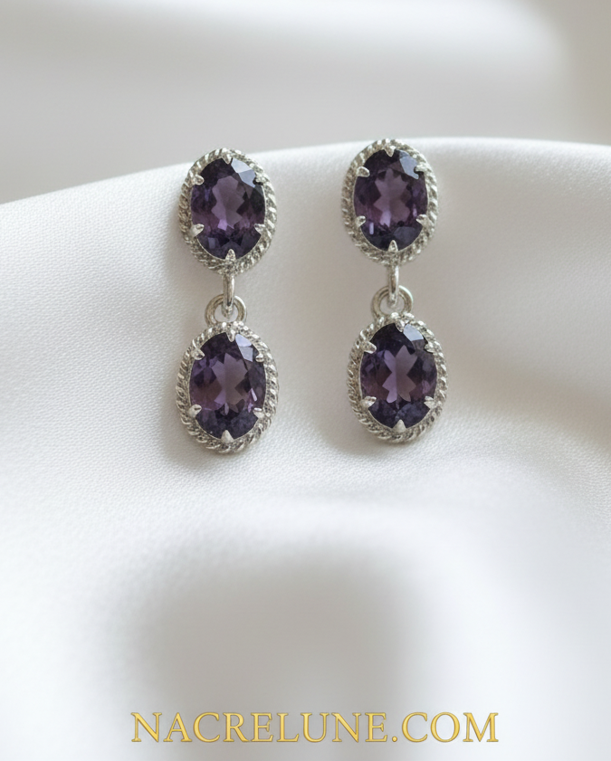 Boucles d'oreilles en argent et améthystes taillées nacrelune.com boucles d'oreille