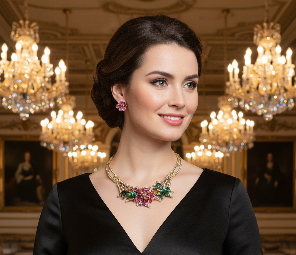 Parure avec grande fleur rose strass et émail nacrelune.com parure