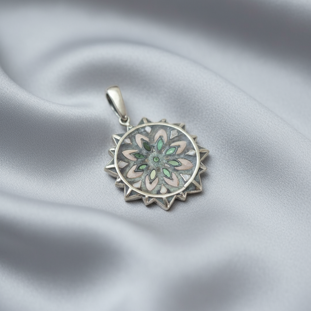 Pendentif en argent 925 avec marcassites et émeraudes NACRELUNE pendentif