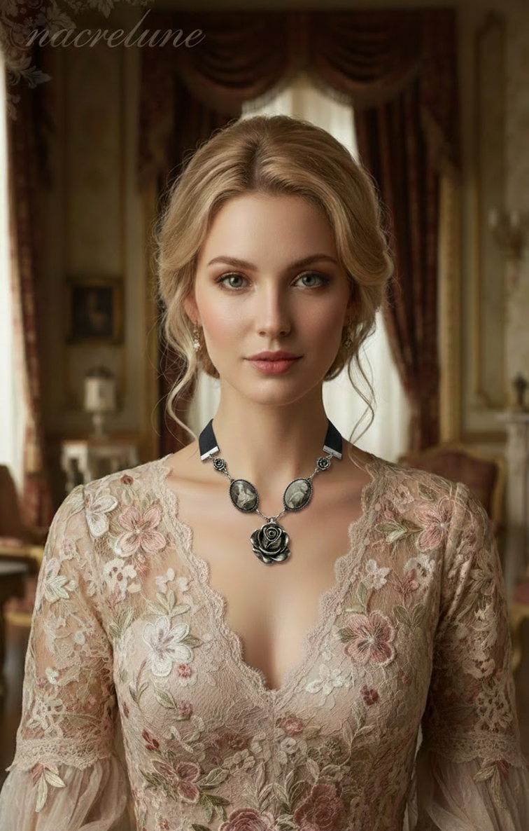 Collier Camées sur Ruban Satin, Dentelle et Vintage Édouardien