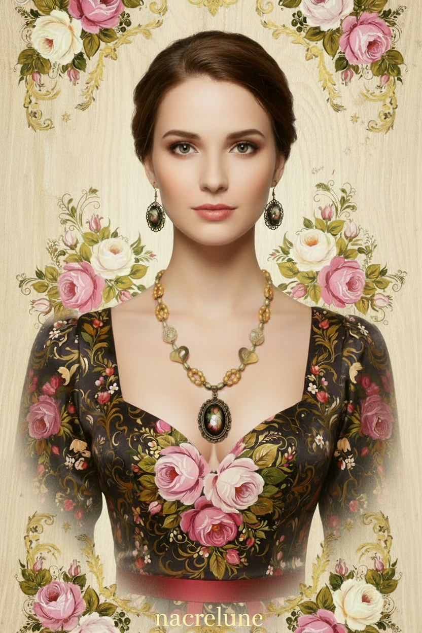 Jewelry set in genuine cultured pearls and acrylic beads with a glass cameo depicting flowers