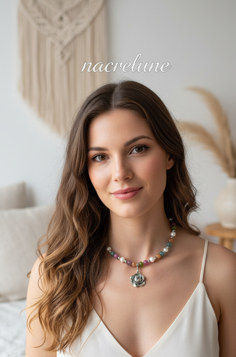 Collier agates variées colorées et rose en métal – NACRELUNE NACRELUNE collier