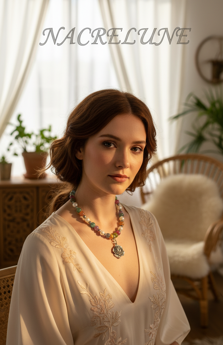 Collier agates variées colorées et rose en métal – NACRELUNE NACRELUNE collier