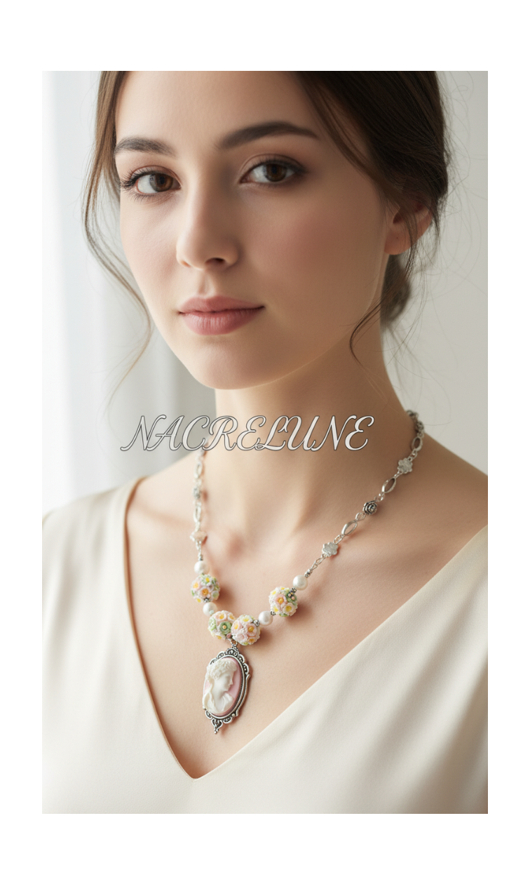 Collier perles fleuries et camée en résine – NACRELUNE NACRELUNE collier