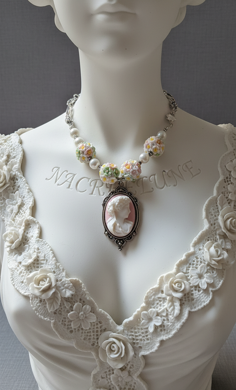 Collier perles fleuries et camée en résine – NACRELUNE NACRELUNE collier