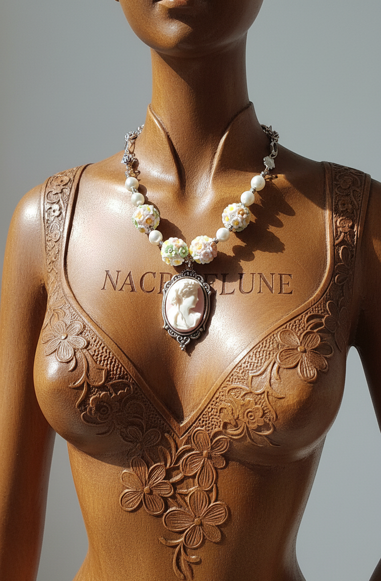 Collier perles fleuries et camée en résine – NACRELUNE NACRELUNE collier