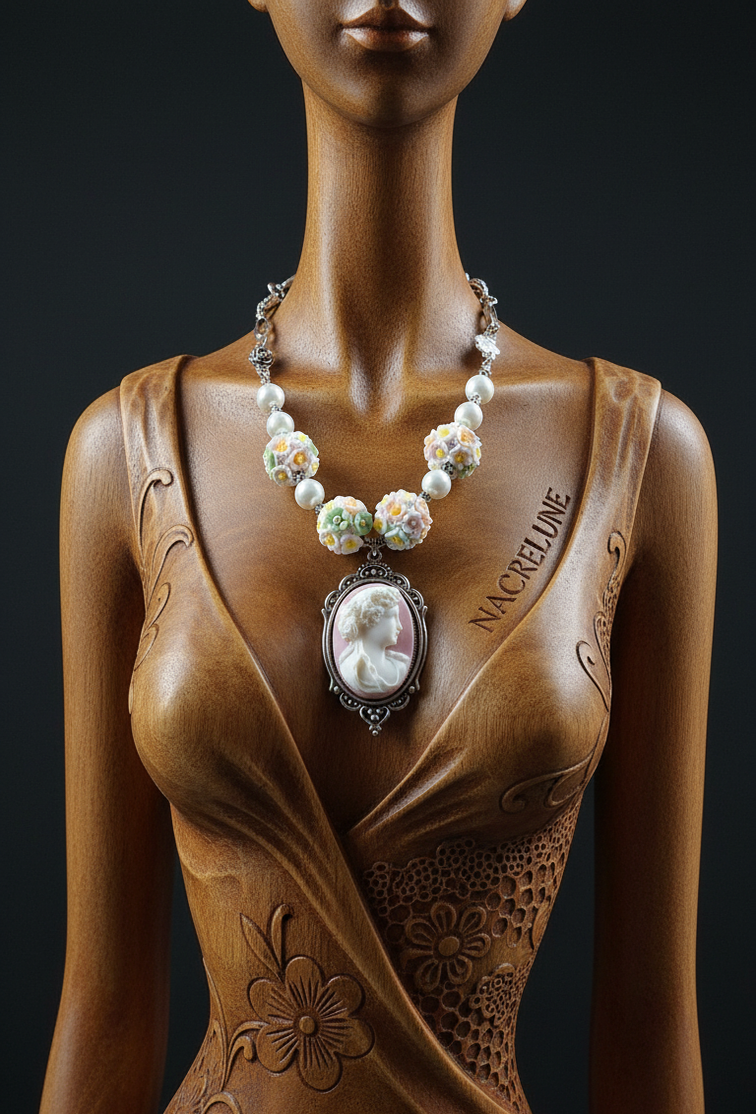 Collier perles fleuries et camée en résine – NACRELUNE NACRELUNE collier