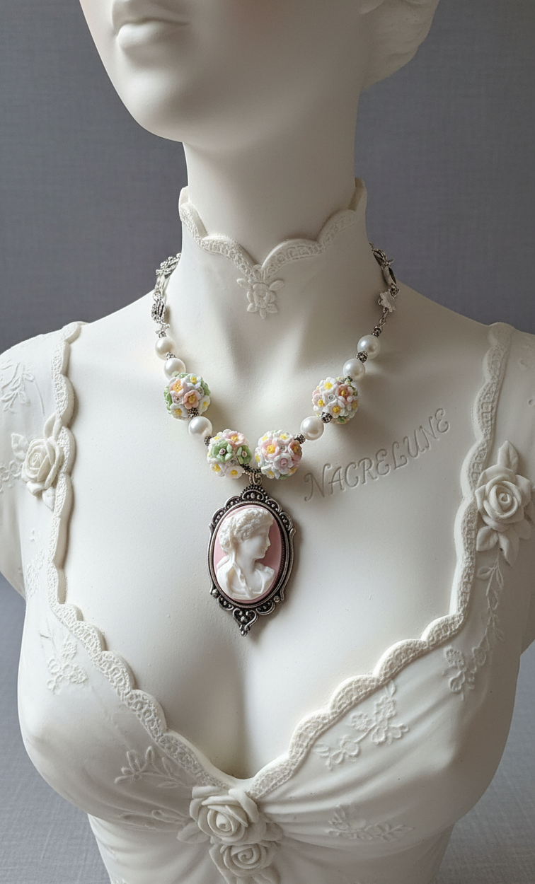 Collier perles fleuries et camée en résine – NACRELUNE NACRELUNE collier