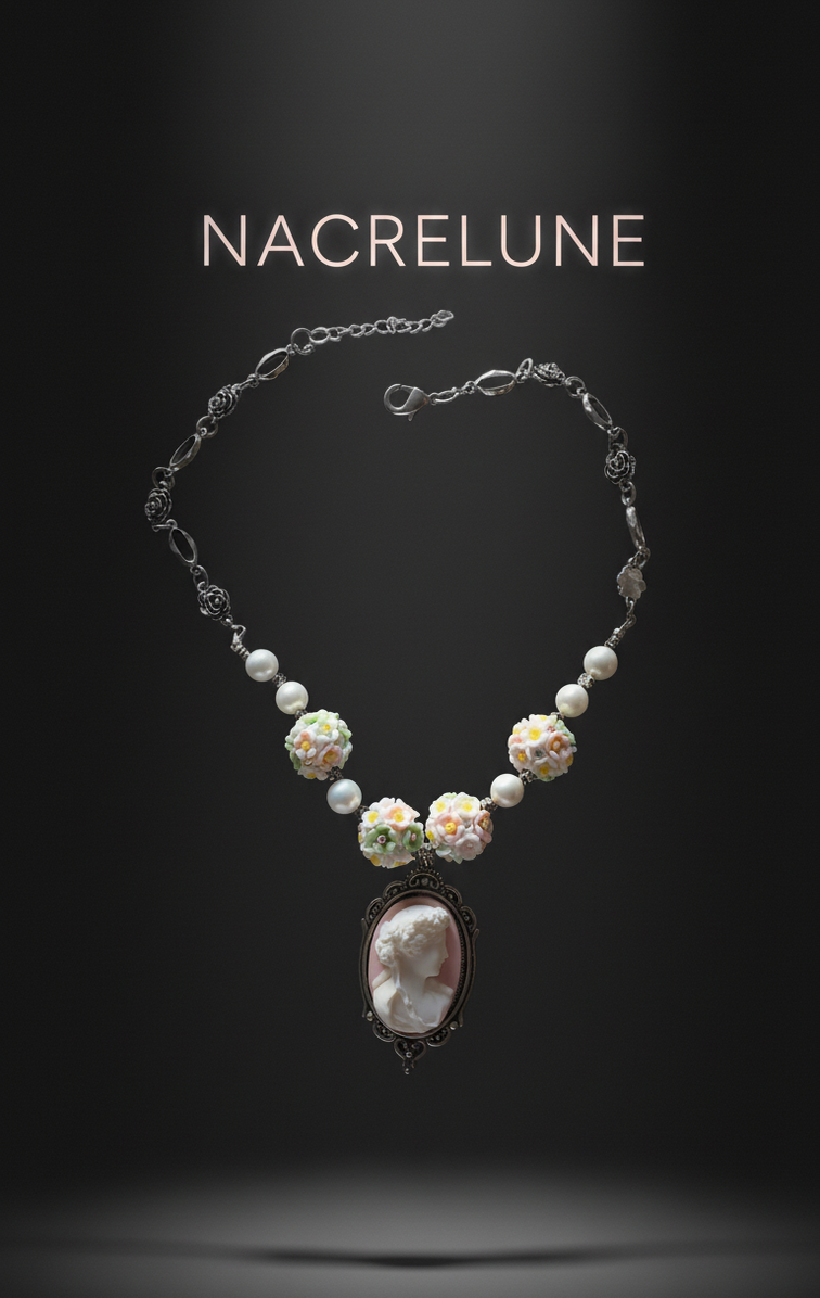 Collier perles fleuries et camée en résine – NACRELUNE NACRELUNE collier