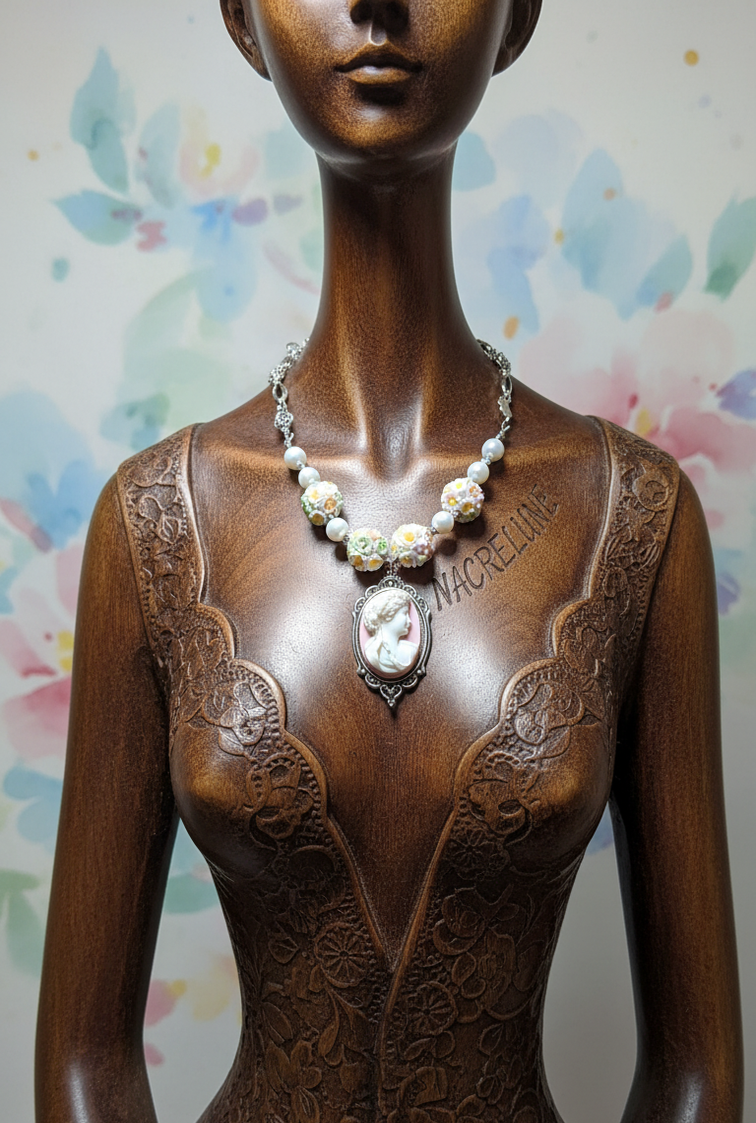 Collier perles fleuries et camée en résine – NACRELUNE NACRELUNE collier