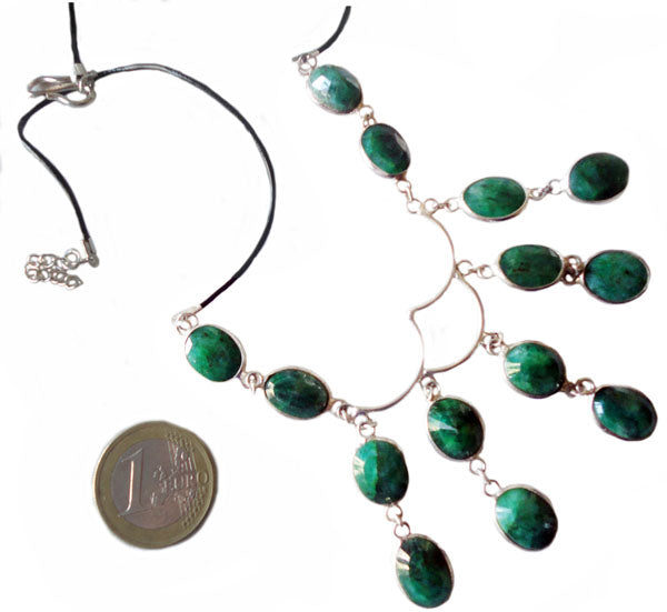 Silver necklace and cut emeralds on leather link N140