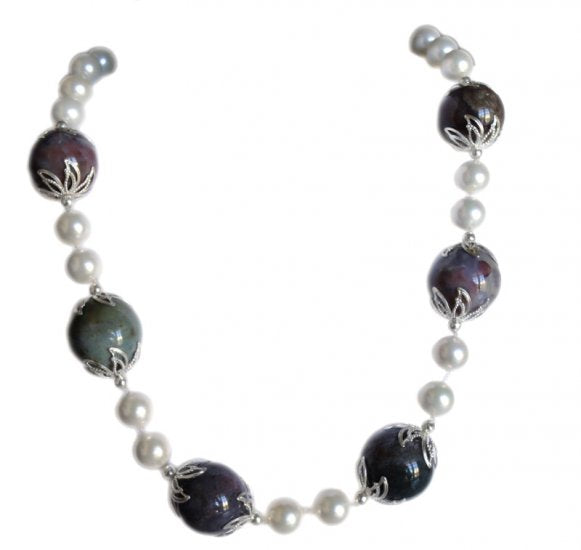 Collar grande de perlas de nácar y ágata india N155