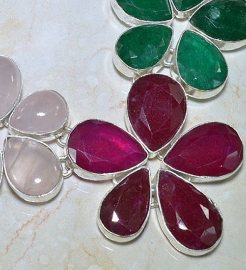 Ruby, emerald, rose quartz and moonstone silver necklace N299
