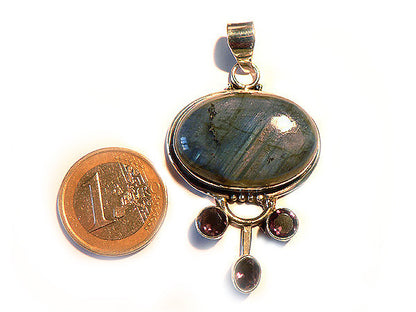 silver pendant with labradorite and amethysts (Green)N34