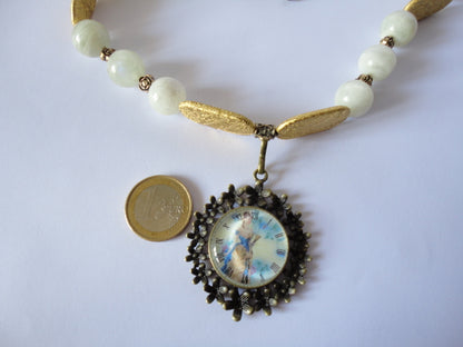 Moonstone and round cameo necklace N370-42