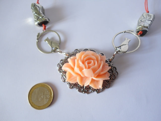 cat collar with large imitation coral rose N372-40