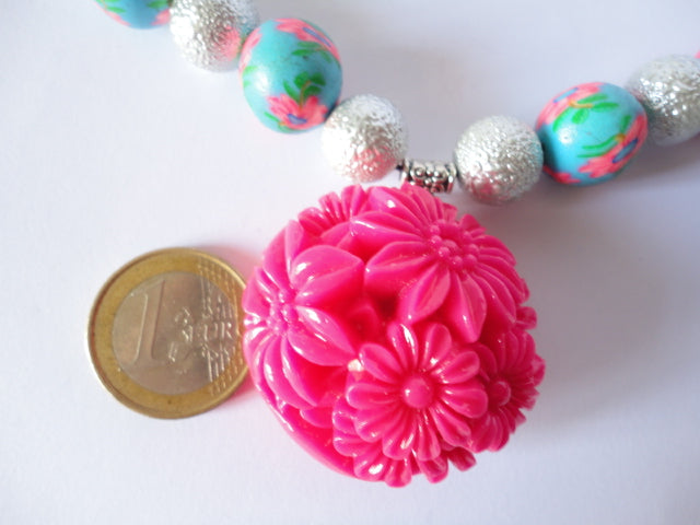 Fimo necklace, acrylic and resin flowers N374-44