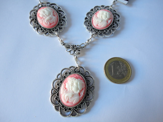 Satin necklace 3 cameos for young girls (pink) N383-34-39