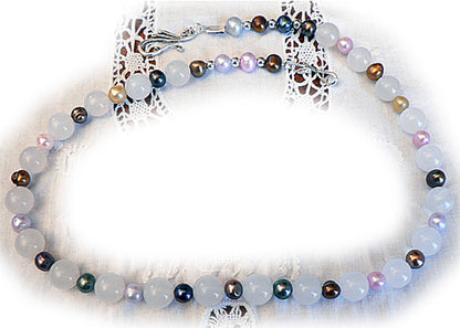 necklace multicolored cultured pearls and white quartz N52