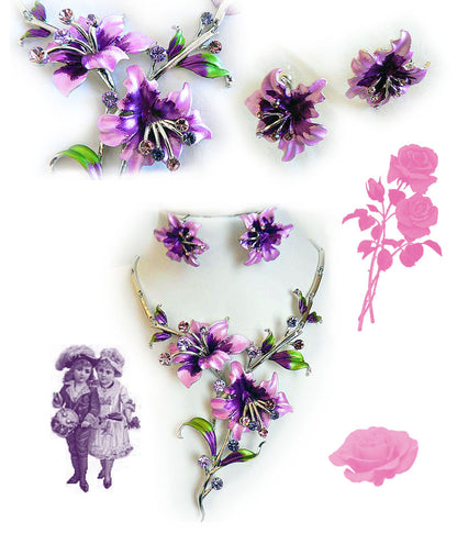 Parure en émail grandes fleurs P123  (Violet)
