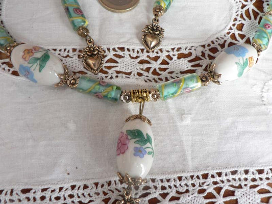 Parure complète en verre millefleurs et perles de porcelaine décorées P182