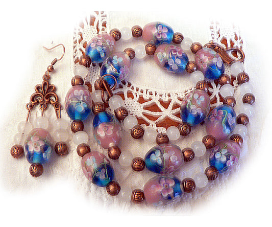 Parure en perles de verre fleuries (Violet)P240